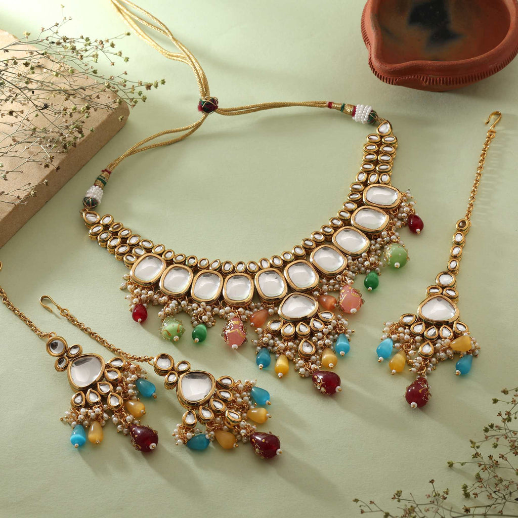 Multi Color Radiant Festival Wear Back Side Meena Work Kundan Necklace Set For Traditional Attire