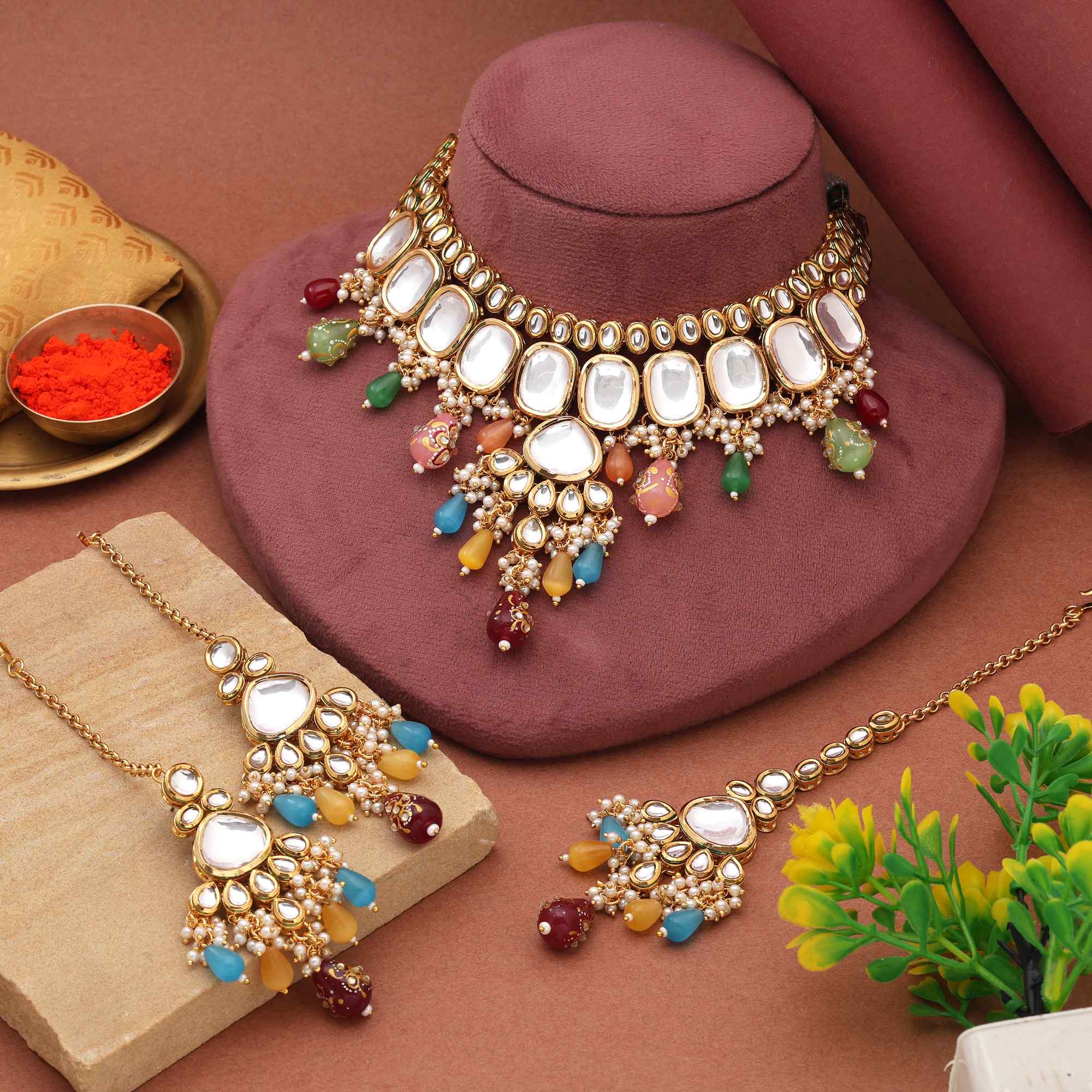 Multi Color Radiant Festival Wear Back Side Meena Work Kundan Necklace Set For Traditional Attire