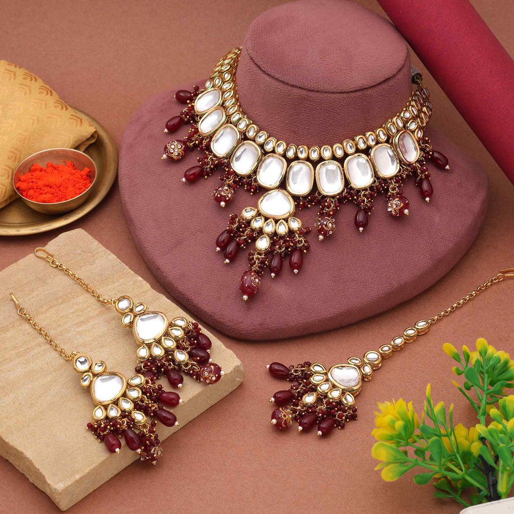 Maroon Color Classic Indian Bridal Back Side Meena Work Kundan Necklace Set For Traditional Events
