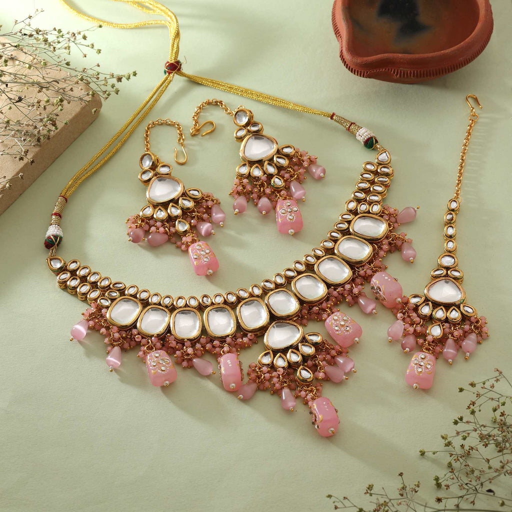 Pink Color Eye-Catching Ethnic Design Back Side Meena Work Kundan Necklace Set For Party Wear