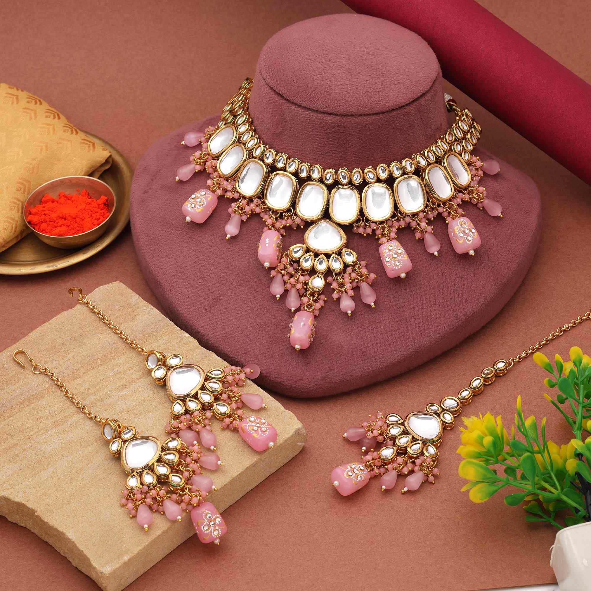 Pink Color Eye-Catching Ethnic Design Back Side Meena Work Kundan Necklace Set For Party Wear