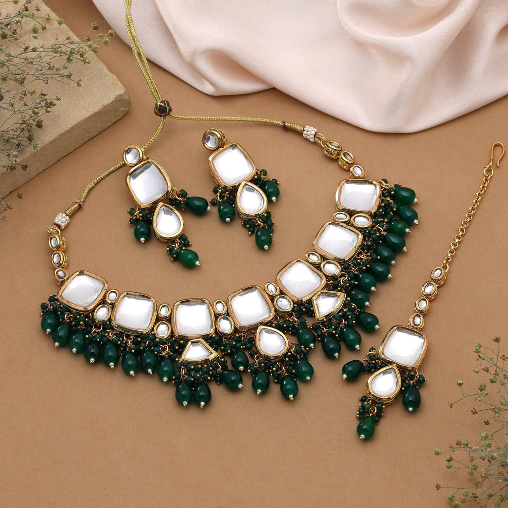 Green Color Regal Finish Designer Back Side Meena Work Kundan Necklace Set For Traditional Outfits