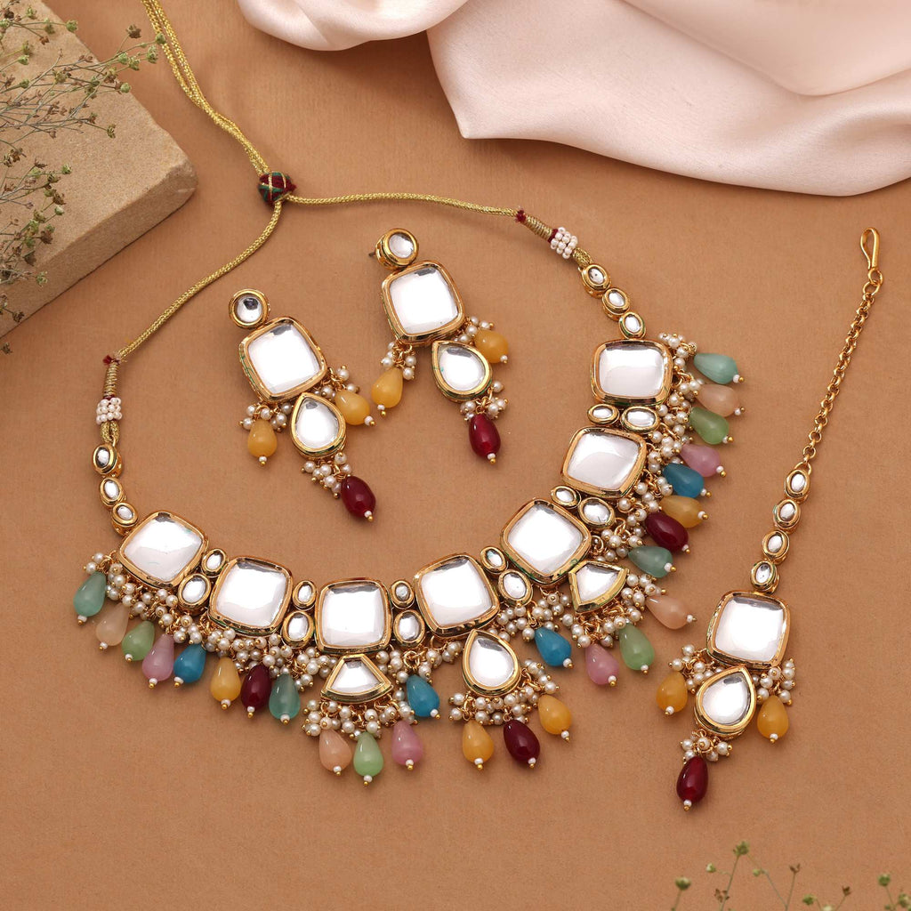 Multi Color Gorgeous Handcrafted Back Side Meena Work Kundan Necklace Set For Festive Occasions