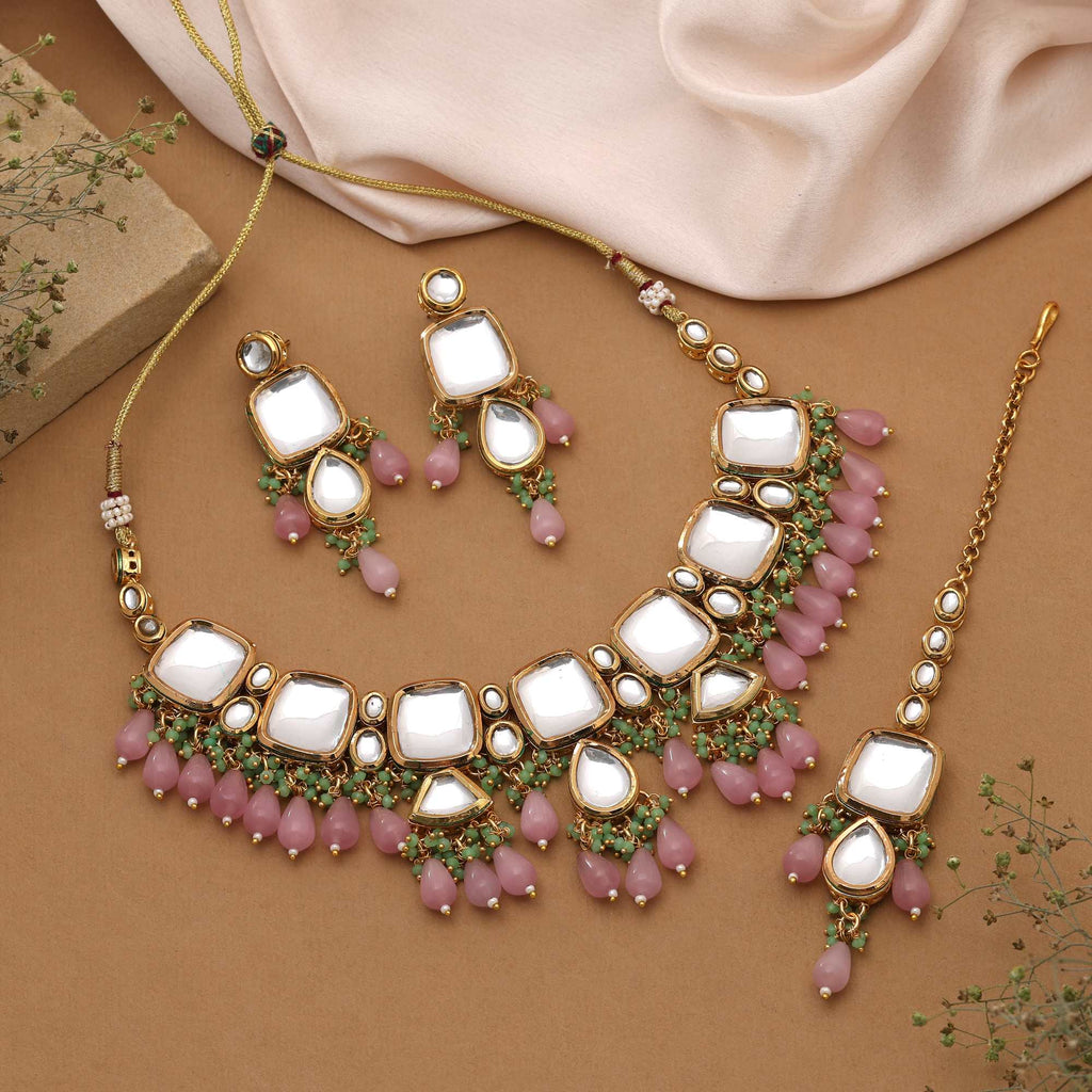 Pink Color Delicate Polished Design Back Side Meena Work Kundan Necklace Set For Women’S Fashion