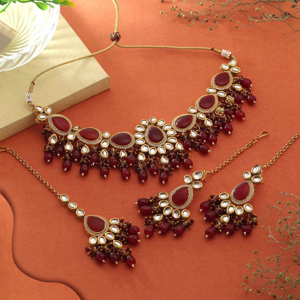 Maroon Color Antique Finish Gold Tone Kundan Necklace Set For Wedding Collection