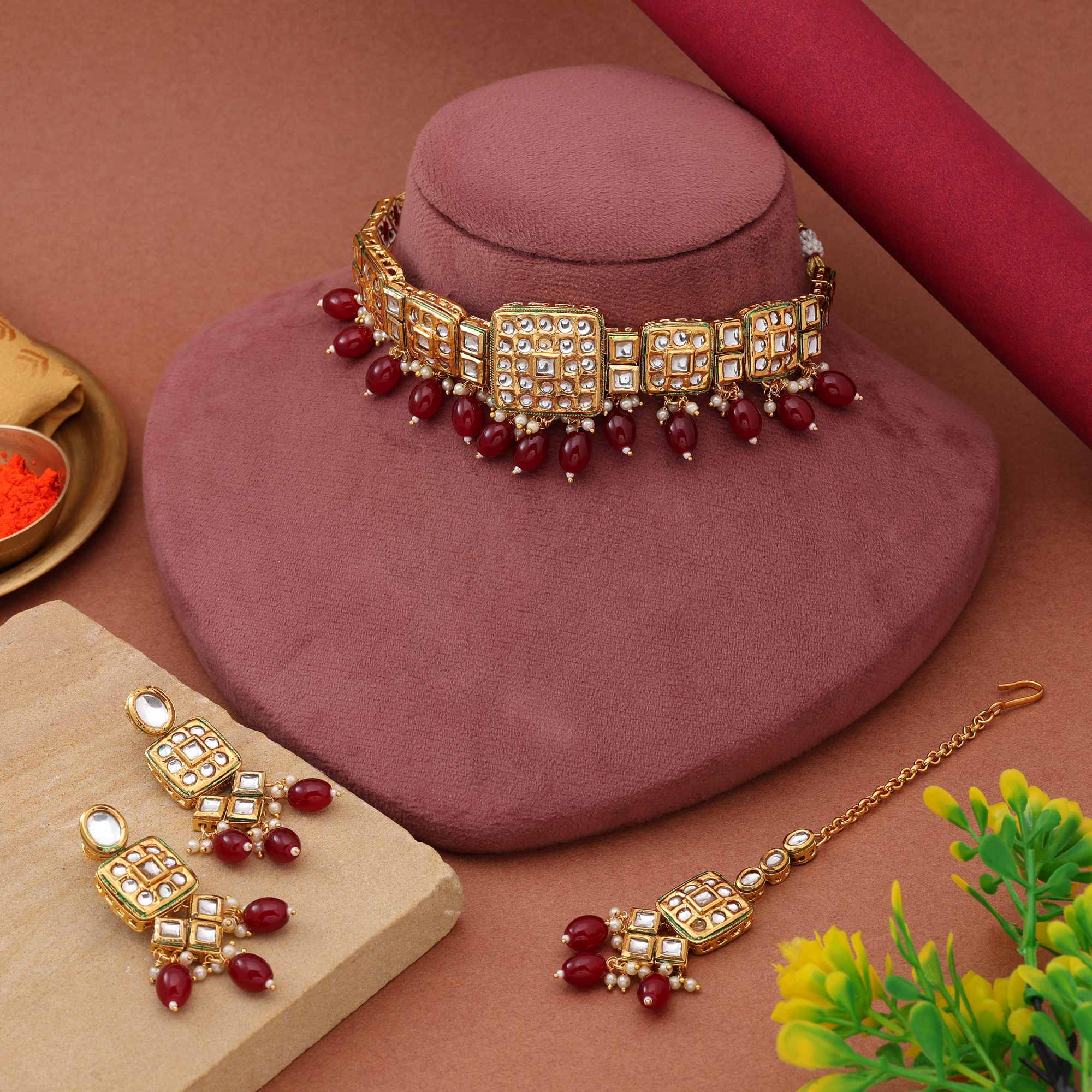 Maroon Color Choker Design Party Wear Back Side Meena Work Kundan Necklace Set For Women