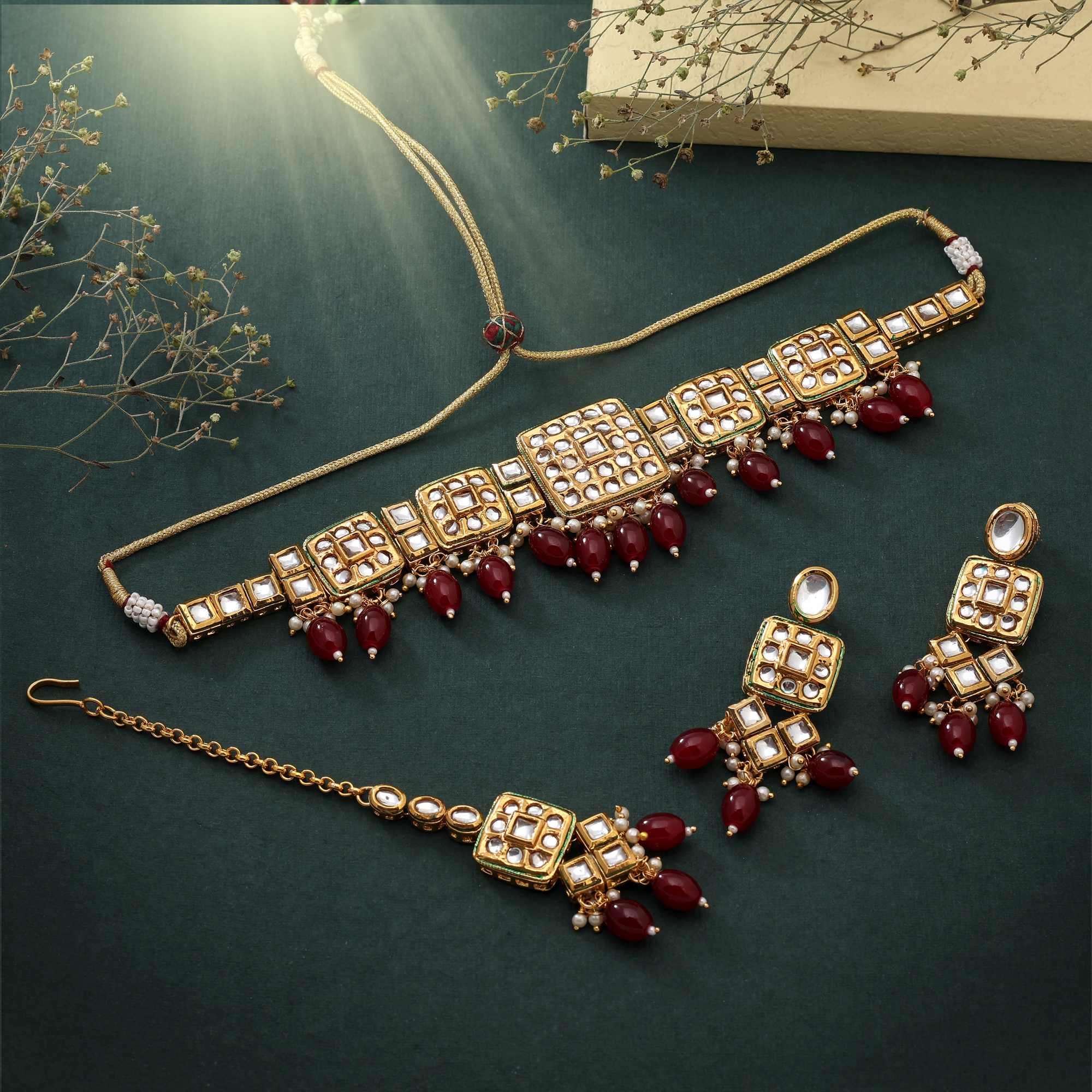 Maroon Color Choker Design Party Wear Back Side Meena Work Kundan Necklace Set For Women