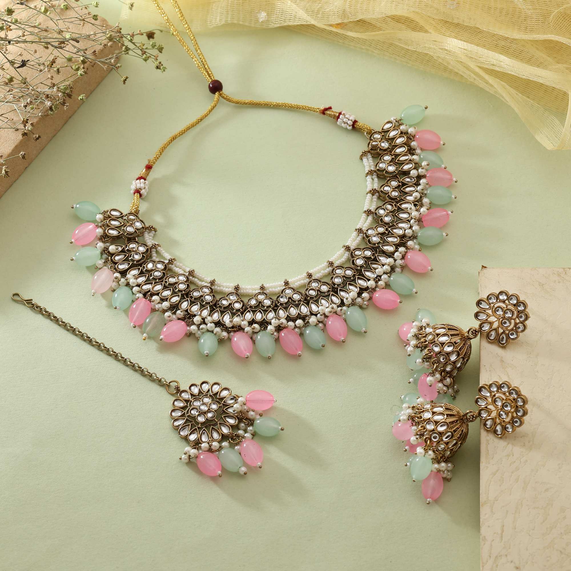 Pista Green & Pink Color Royal Bridal Look Kundan Necklace Set For Traditional Outfits