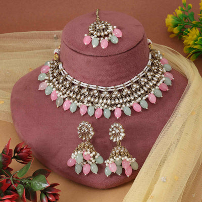 Pista Green & Pink Color Royal Bridal Look Kundan Necklace Set For Traditional Outfits