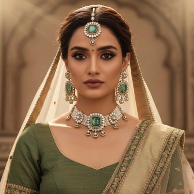 Elegant Green Color Choker Kundan Necklace Set Crafted For Timeless Festive Beauty