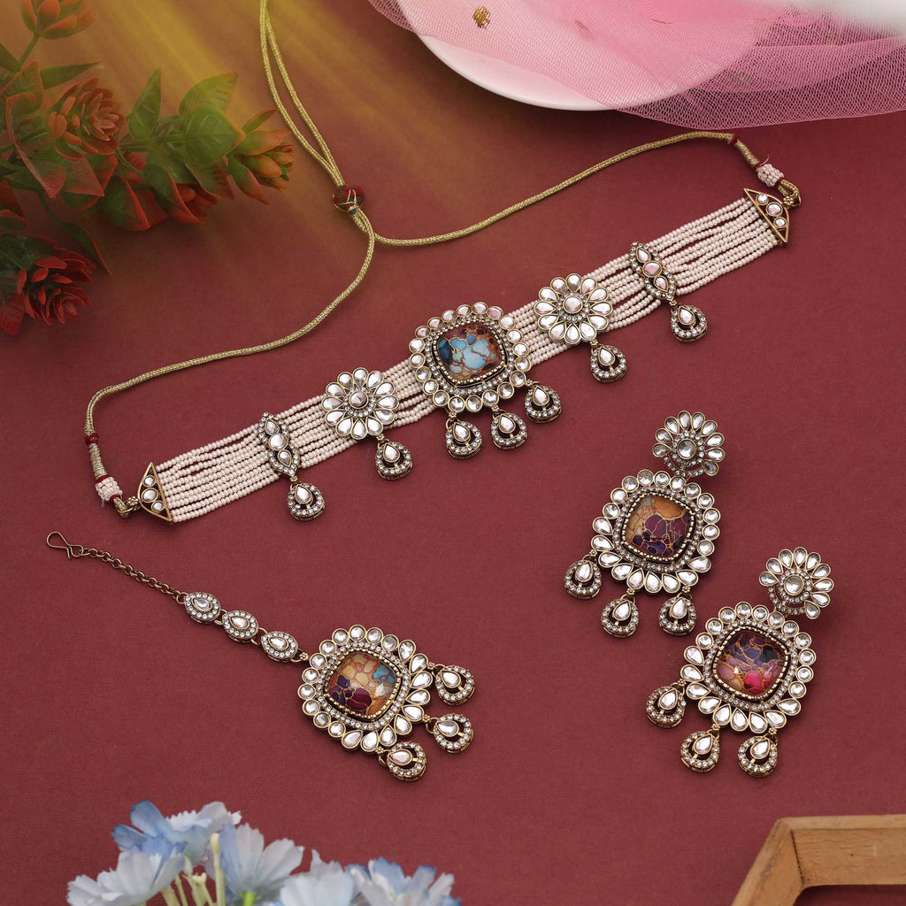 Vibrant Multi Color Choker Kundan Necklace Set Designed To Enhance Every Traditional Look