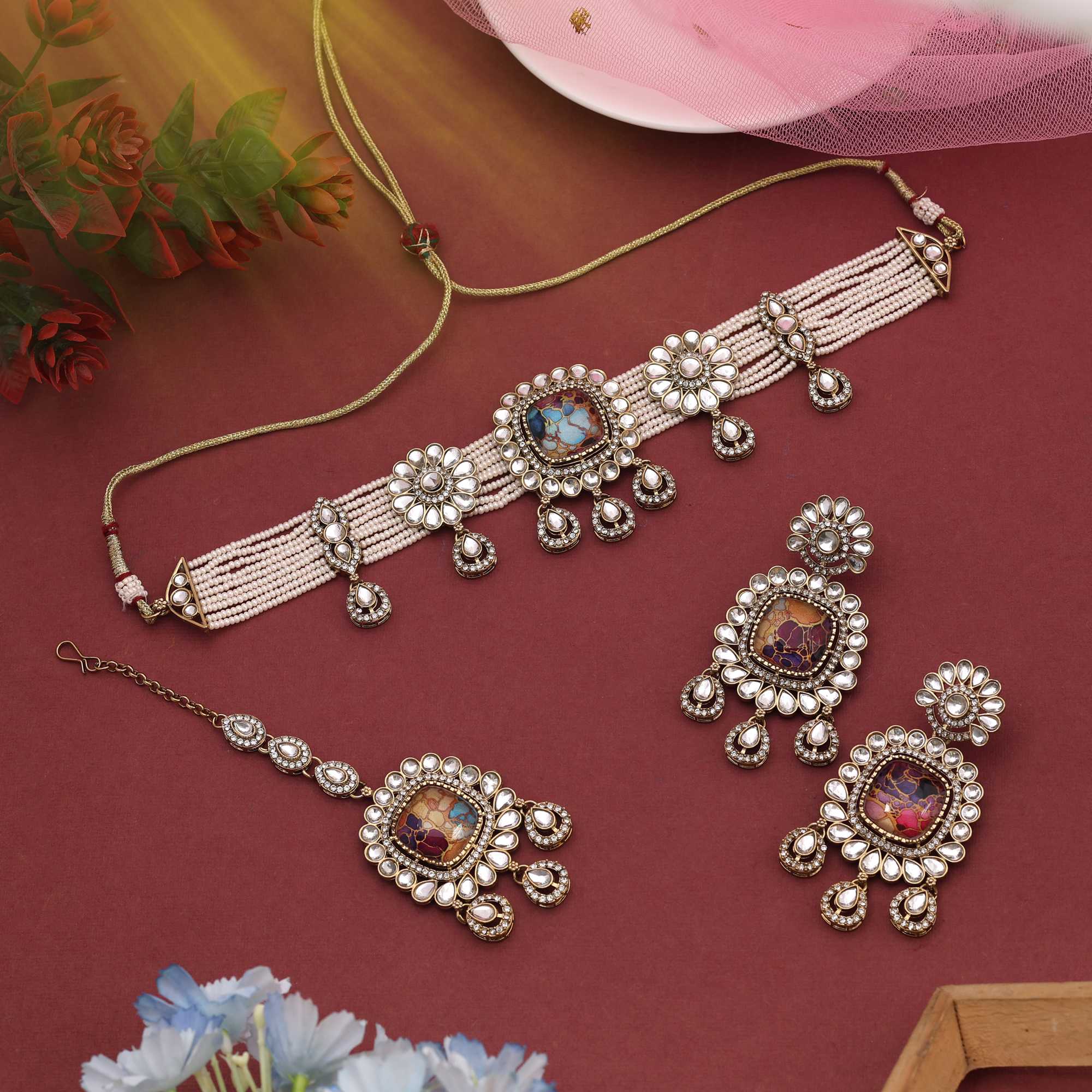 Vibrant Multi Color Choker Kundan Necklace Set Designed To Enhance Every Traditional Look
