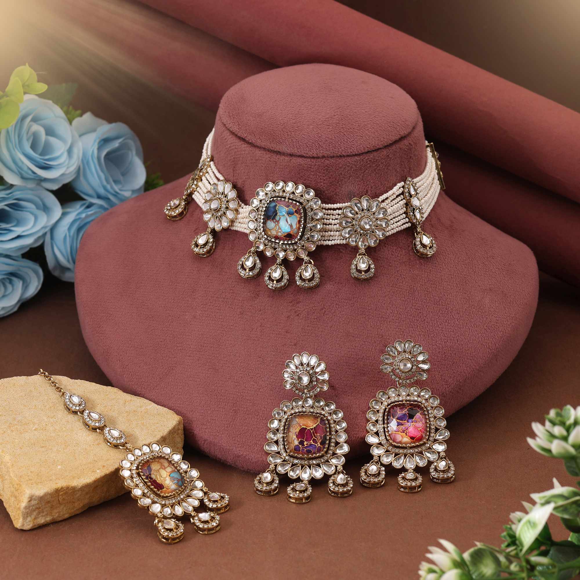 Vibrant Multi Color Choker Kundan Necklace Set Designed To Enhance Every Traditional Look