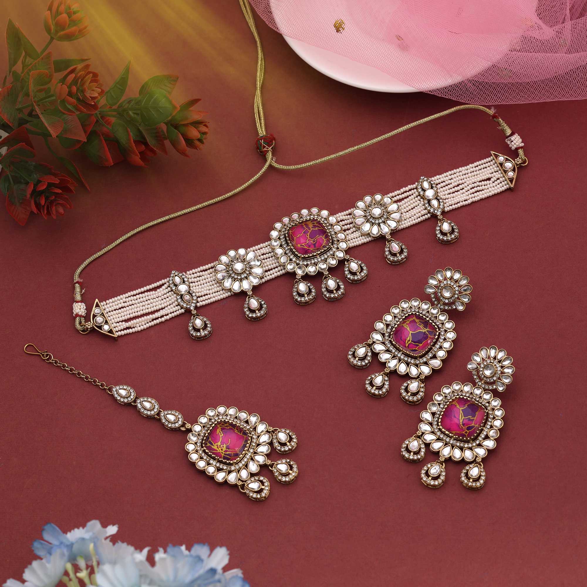 Bold Magenta Color Choker Kundan Necklace Set Adding Charm To Your Special Occasions