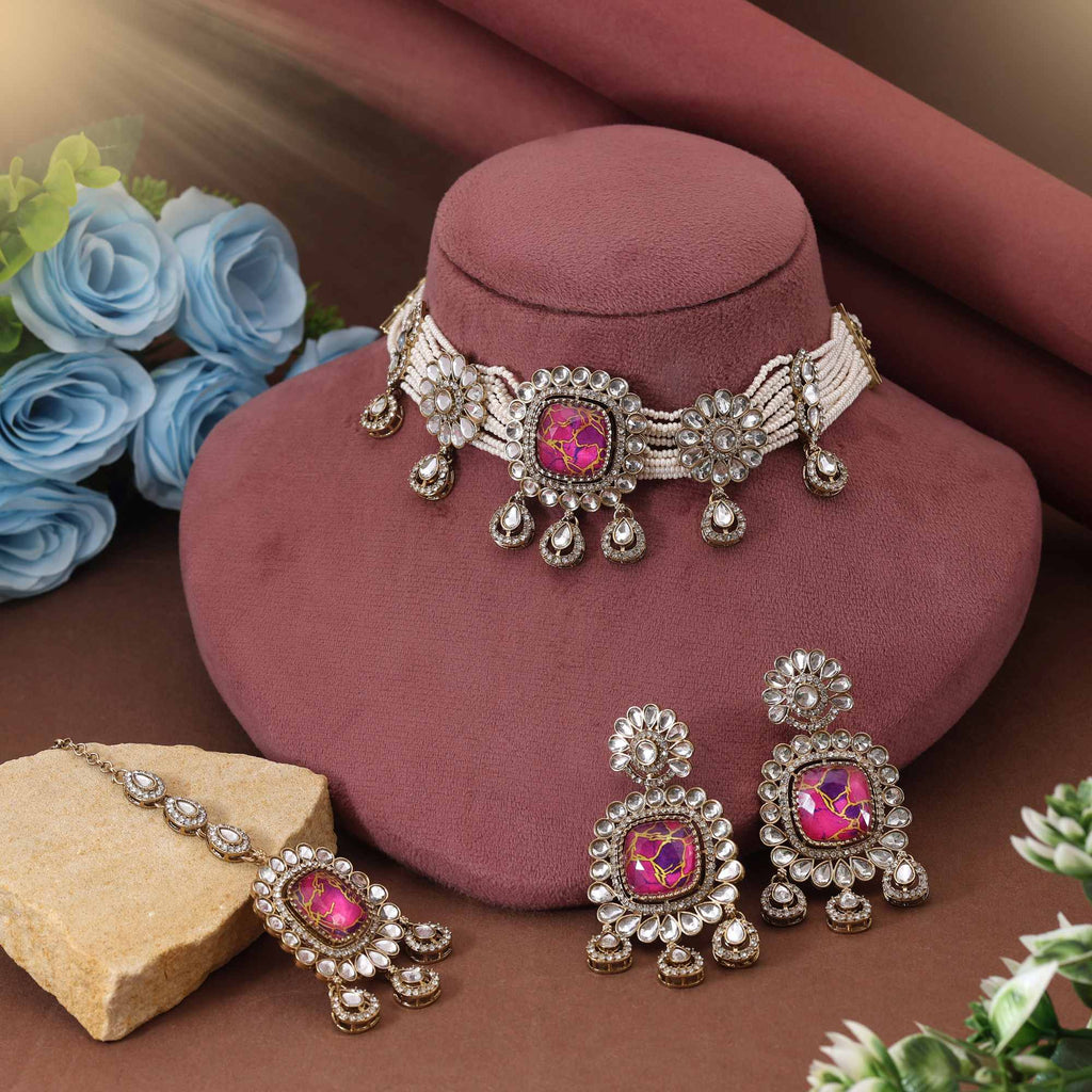 Bold Magenta Color Choker Kundan Necklace Set Adding Charm To Your Special Occasions