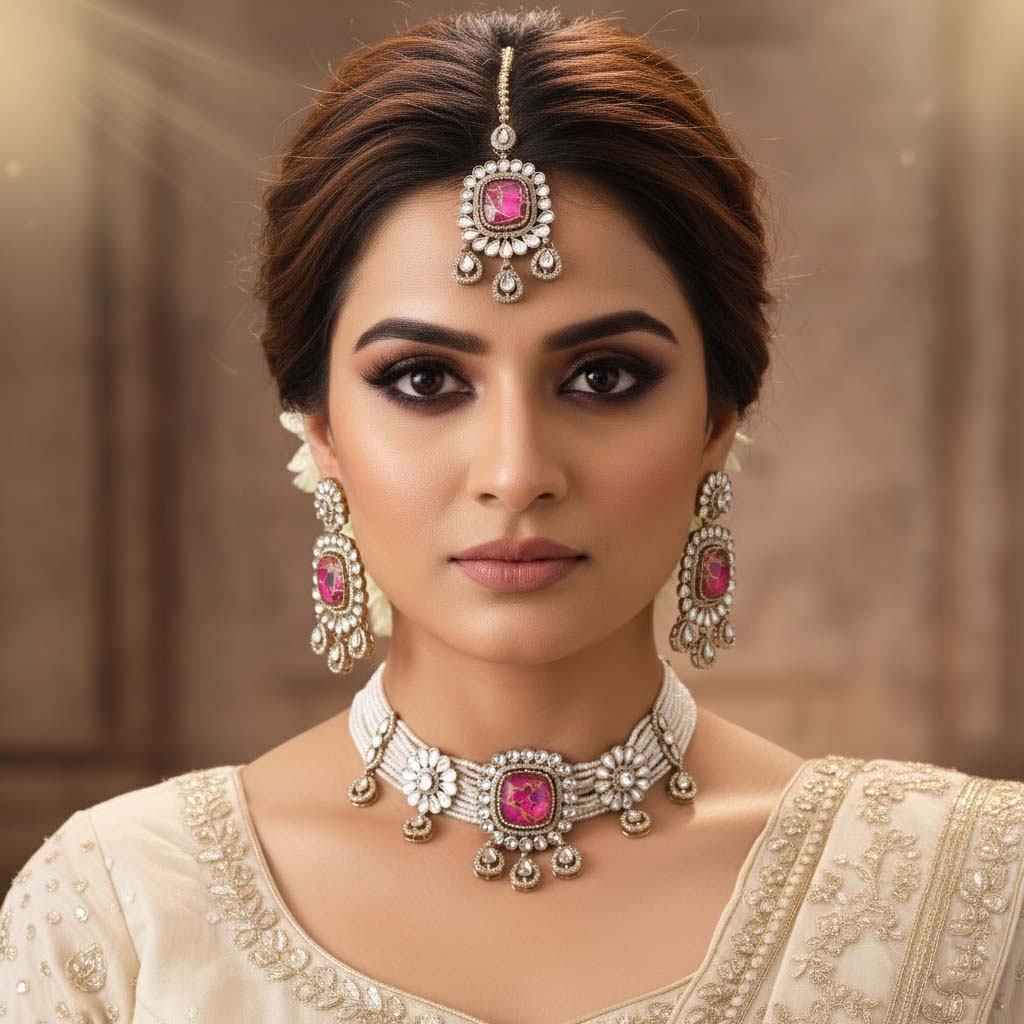 Bold Magenta Color Choker Kundan Necklace Set Adding Charm To Your Special Occasions