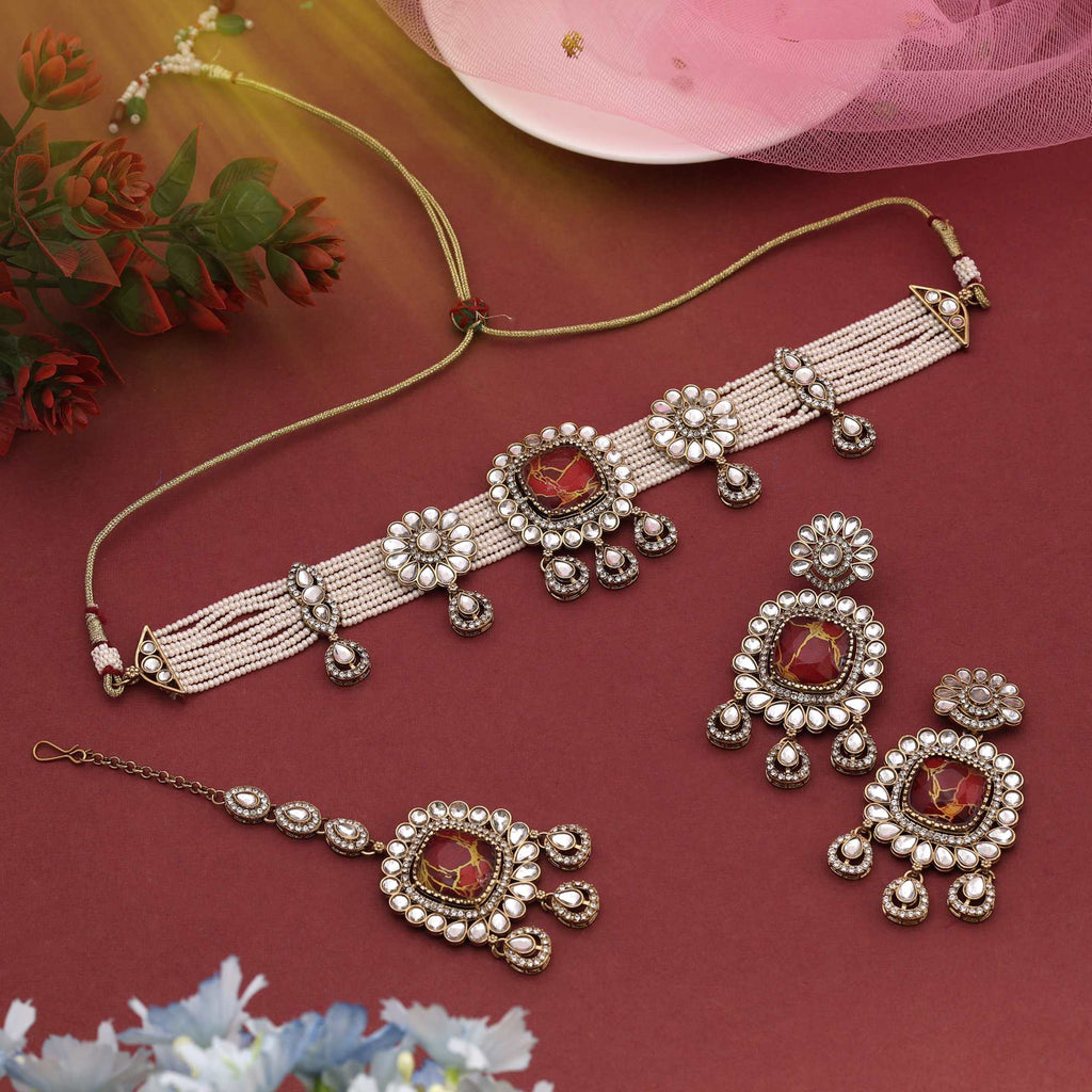 Rich Maroon Color Choker Kundan Necklace Set Perfect For Luxurious Bridal Style