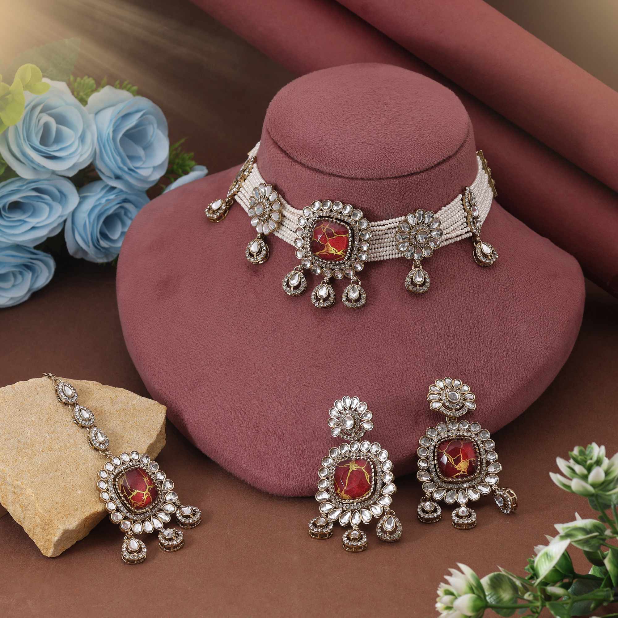 Rich Maroon Color Choker Kundan Necklace Set Perfect For Luxurious Bridal Style