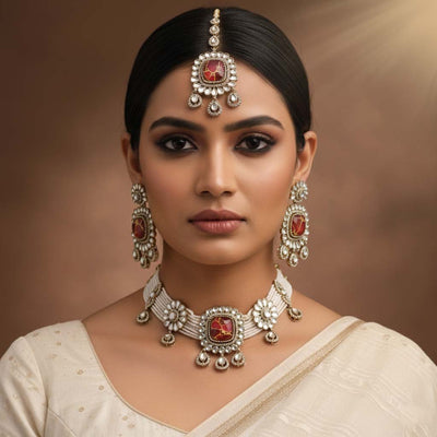 Rich Maroon Color Choker Kundan Necklace Set Perfect For Luxurious Bridal Style