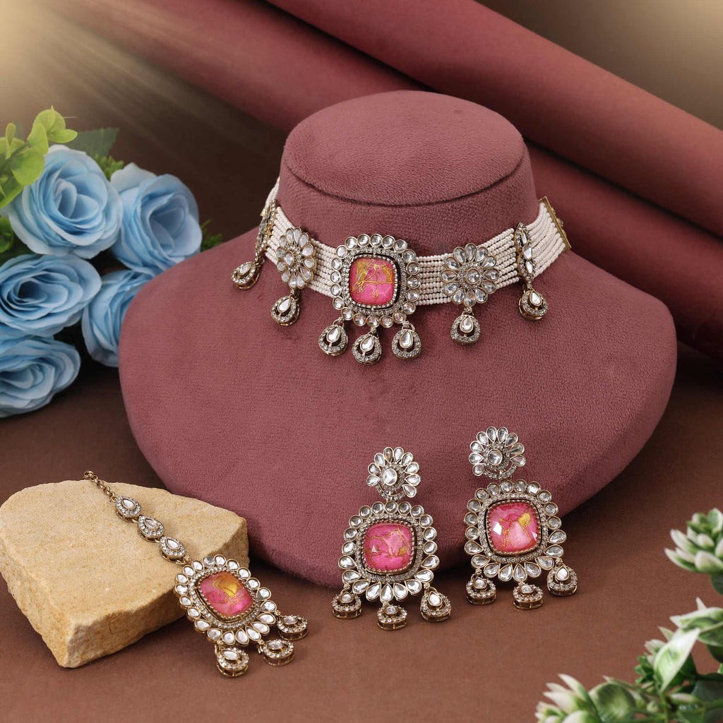 Stunning Rani Color Choker Kundan Necklace Set Offering A Royal And Graceful Appearance