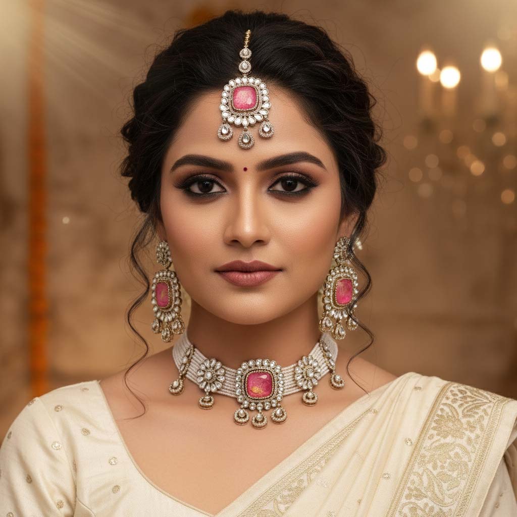 Stunning Rani Color Choker Kundan Necklace Set Offering A Royal And Graceful Appearance