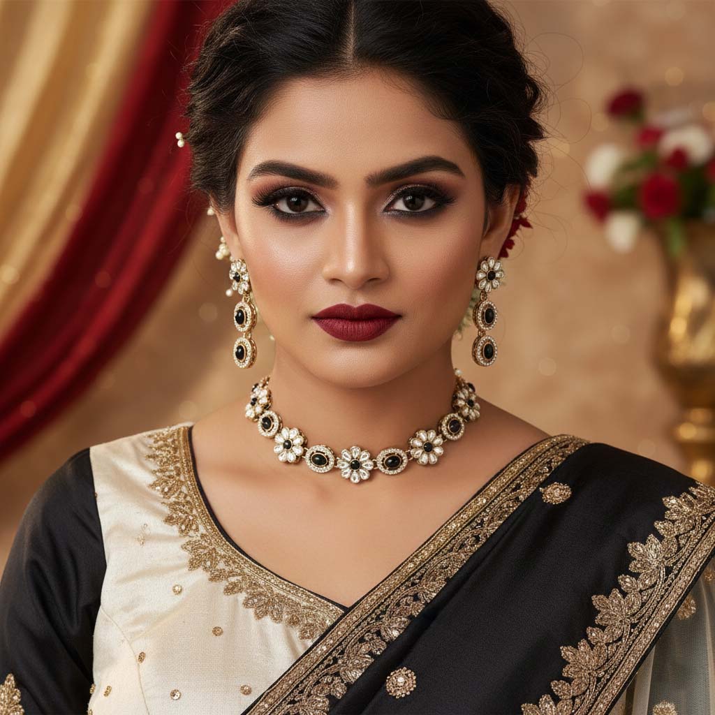 Bold Black Color Kundan Necklace Set Created To Deliver Dramatic And Timeless Elegance