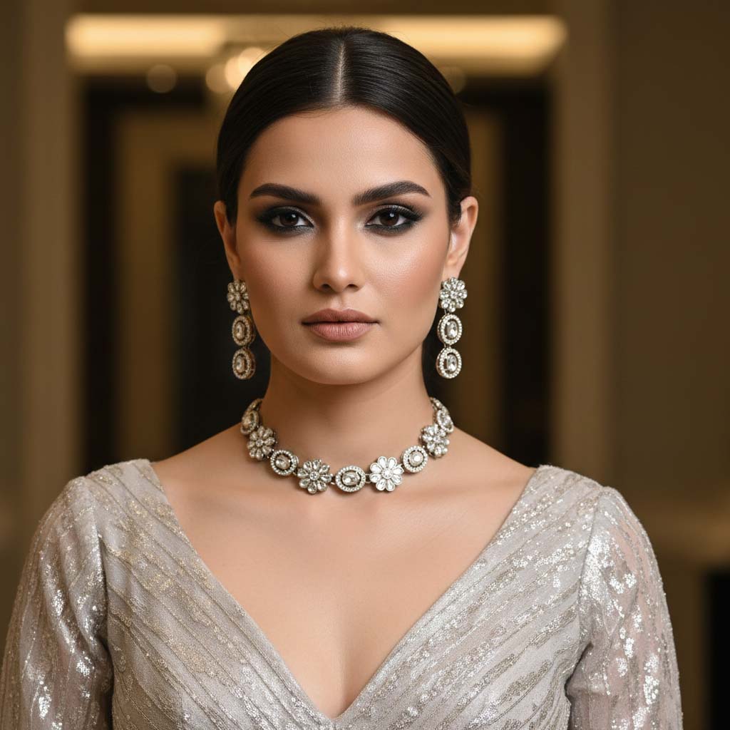 Pure White Color Kundan Necklace Set Offering Radiant Brilliance For Every Grand Celebration