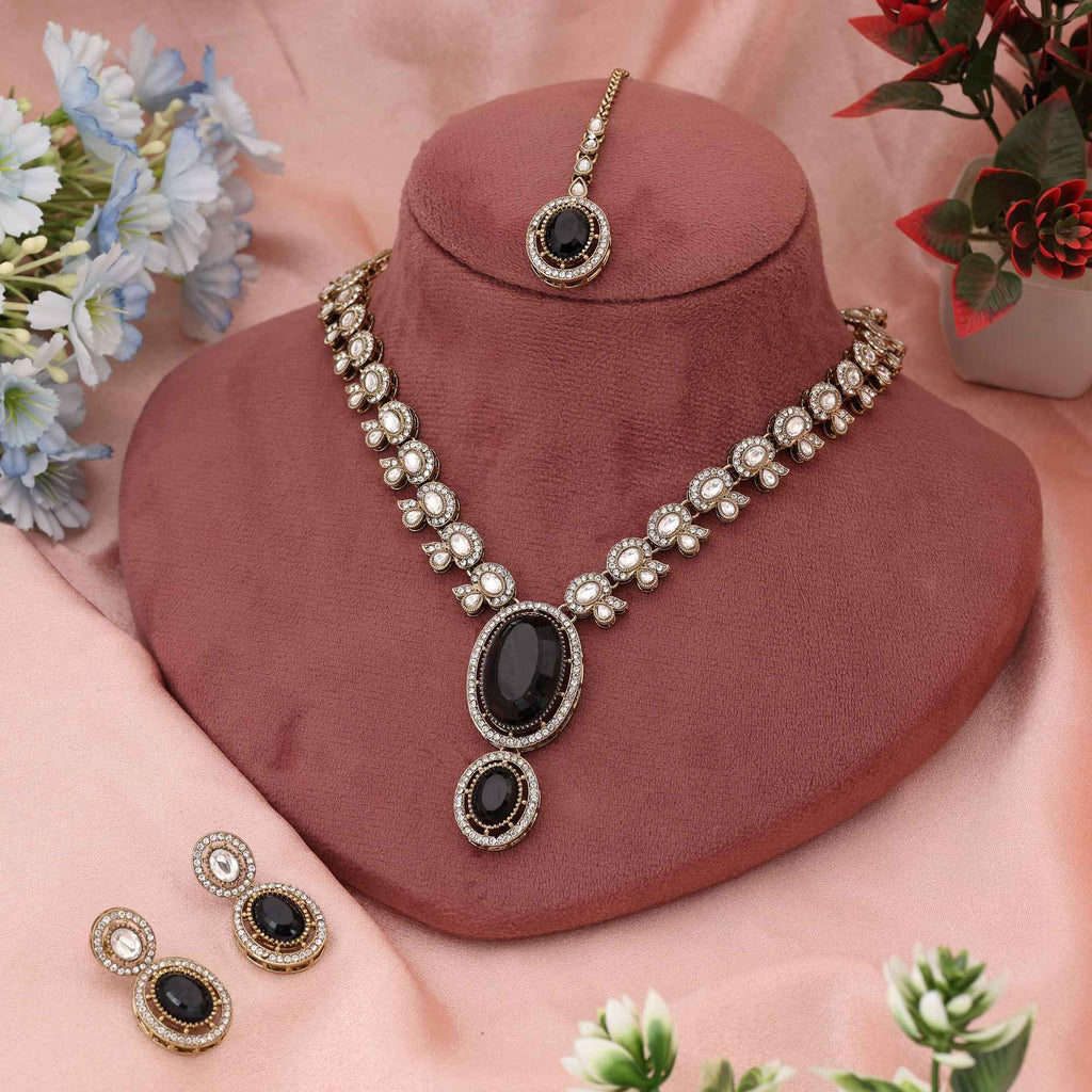 Premium Black Color Kundan Necklace Set Perfect For Bold And Contemporary Ethnic Fashion