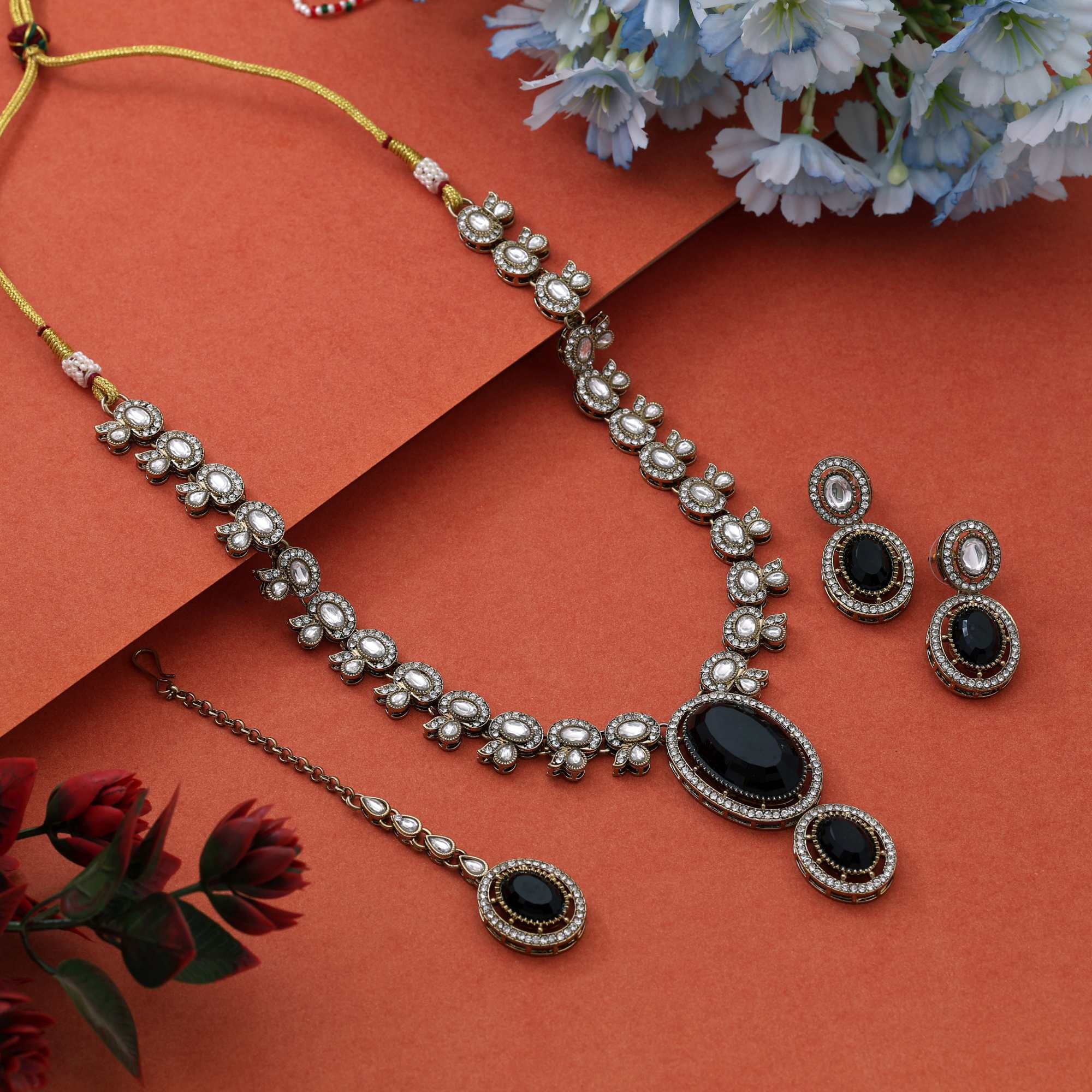 Premium Black Color Kundan Necklace Set Perfect For Bold And Contemporary Ethnic Fashion