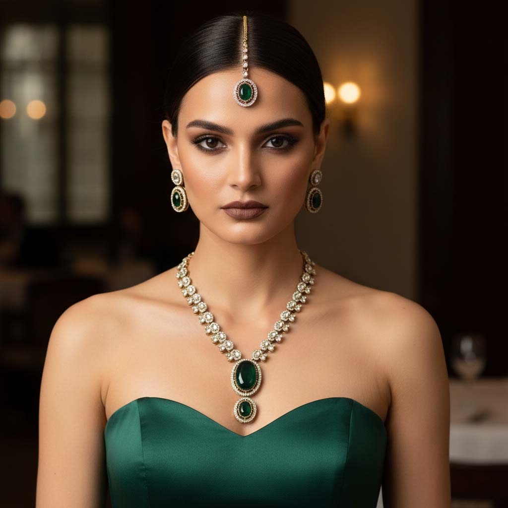 Elegant Green Color Kundan Necklace Set Perfect For Enhancing Traditional Festive Outfits