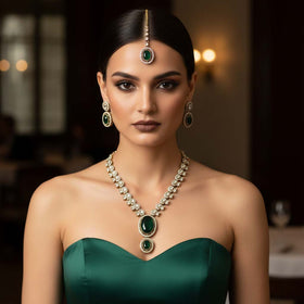 Elegant Green Color Kundan Necklace Set Perfect For Enhancing Traditional Festive Outfits