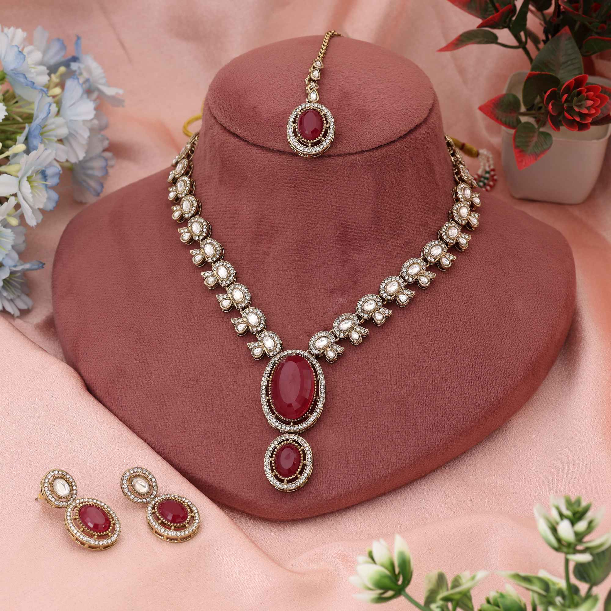 Bright Red Color Kundan Necklace Set Crafted For Classic Bridal And Festive Traditions