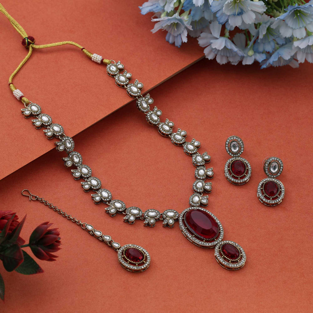 Bright Red Color Kundan Necklace Set Crafted For Classic Bridal And Festive Traditions