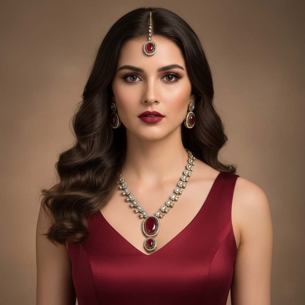 Bright Red Color Kundan Necklace Set Crafted For Classic Bridal And Festive Traditions