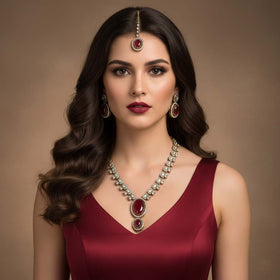 Bright Red Color Kundan Necklace Set Crafted For Classic Bridal And Festive Traditions