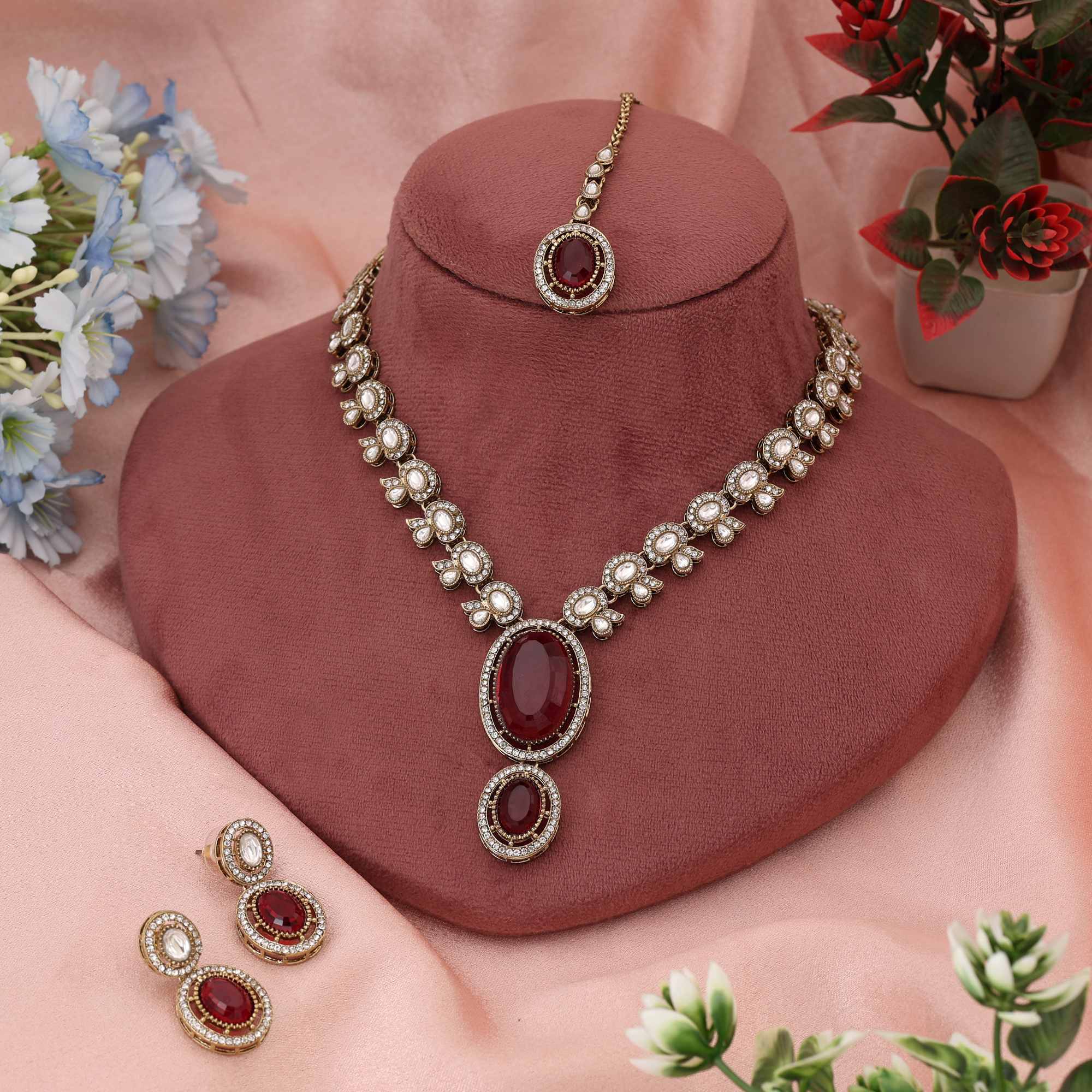 Radiant Rani Color Kundan Necklace Set Offering Bold Beauty For Cultural Celebrations