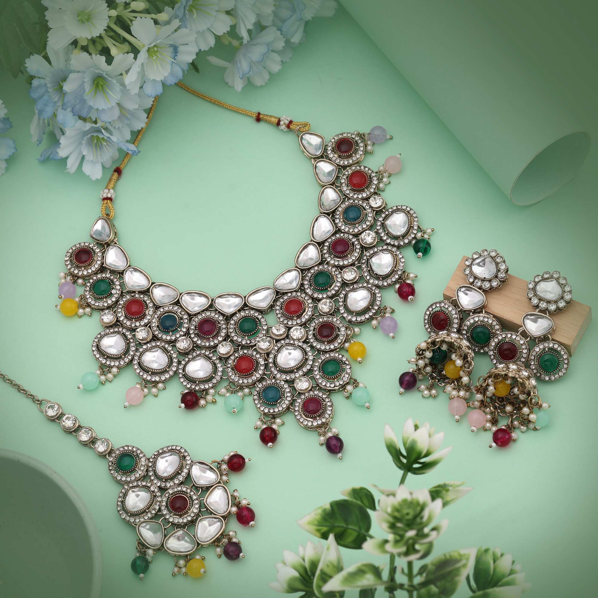 Festive Multi Color Kundan Necklace Set Featuring Vibrant Stones For Joyful Celebrations