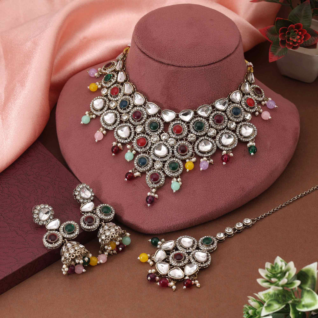 Festive Multi Color Kundan Necklace Set Featuring Vibrant Stones For Joyful Celebrations