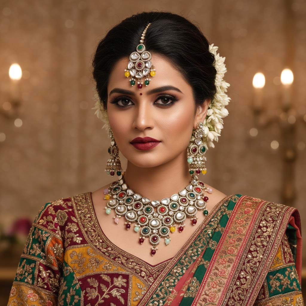 Festive Multi Color Kundan Necklace Set Featuring Vibrant Stones For Joyful Celebrations