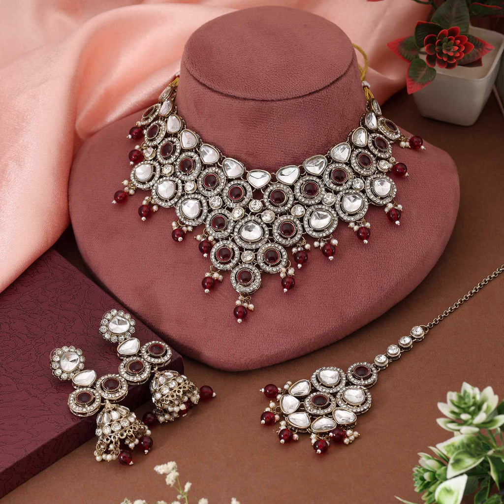 Royal Maroon Color Kundan Necklace Set Designed For Luxurious Traditional Statement Wear