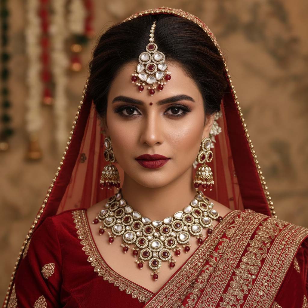 Royal Maroon Color Kundan Necklace Set Designed For Luxurious Traditional Statement Wear