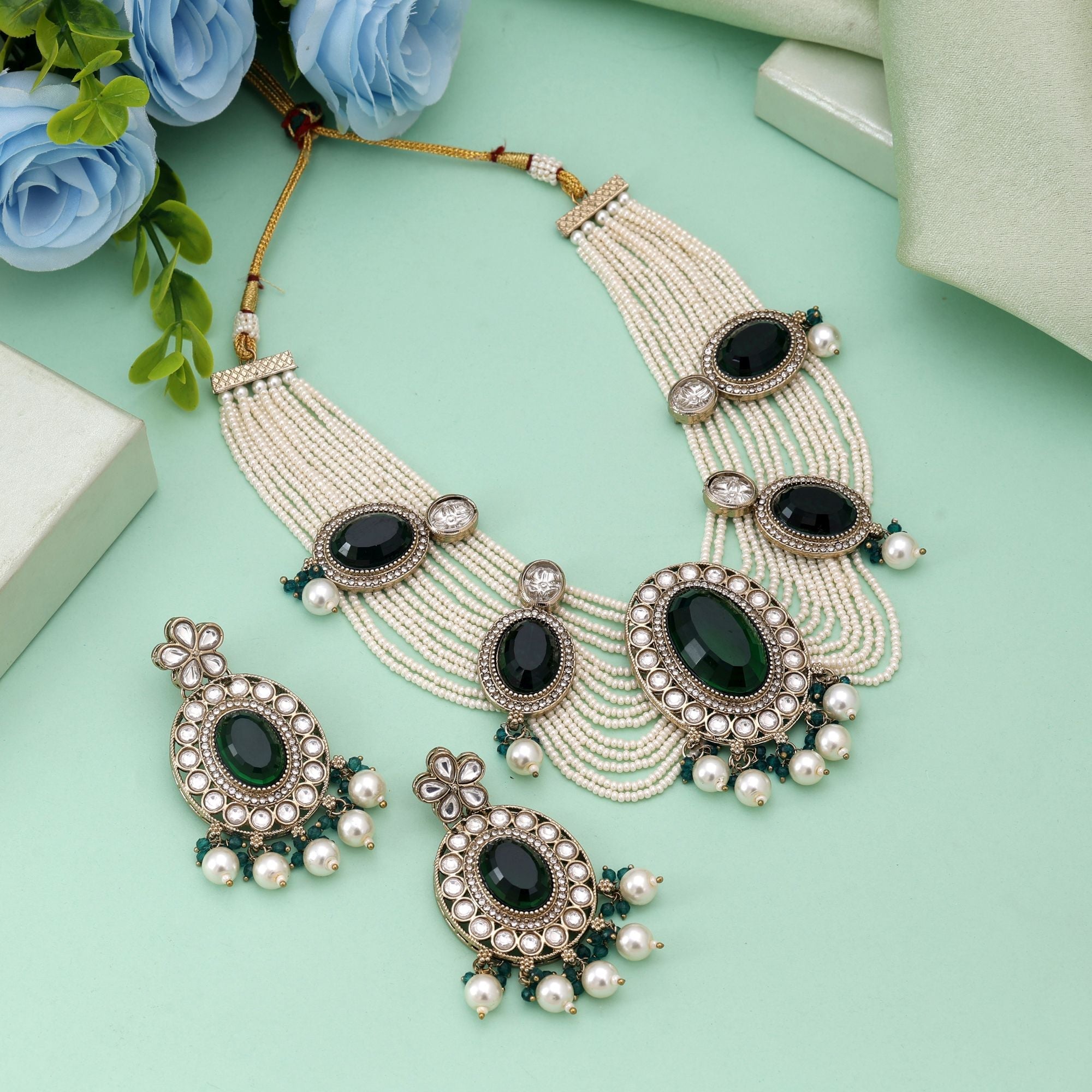 Green Color Kundan Necklace Set Inspired By Rich Indian Festive Jewellery