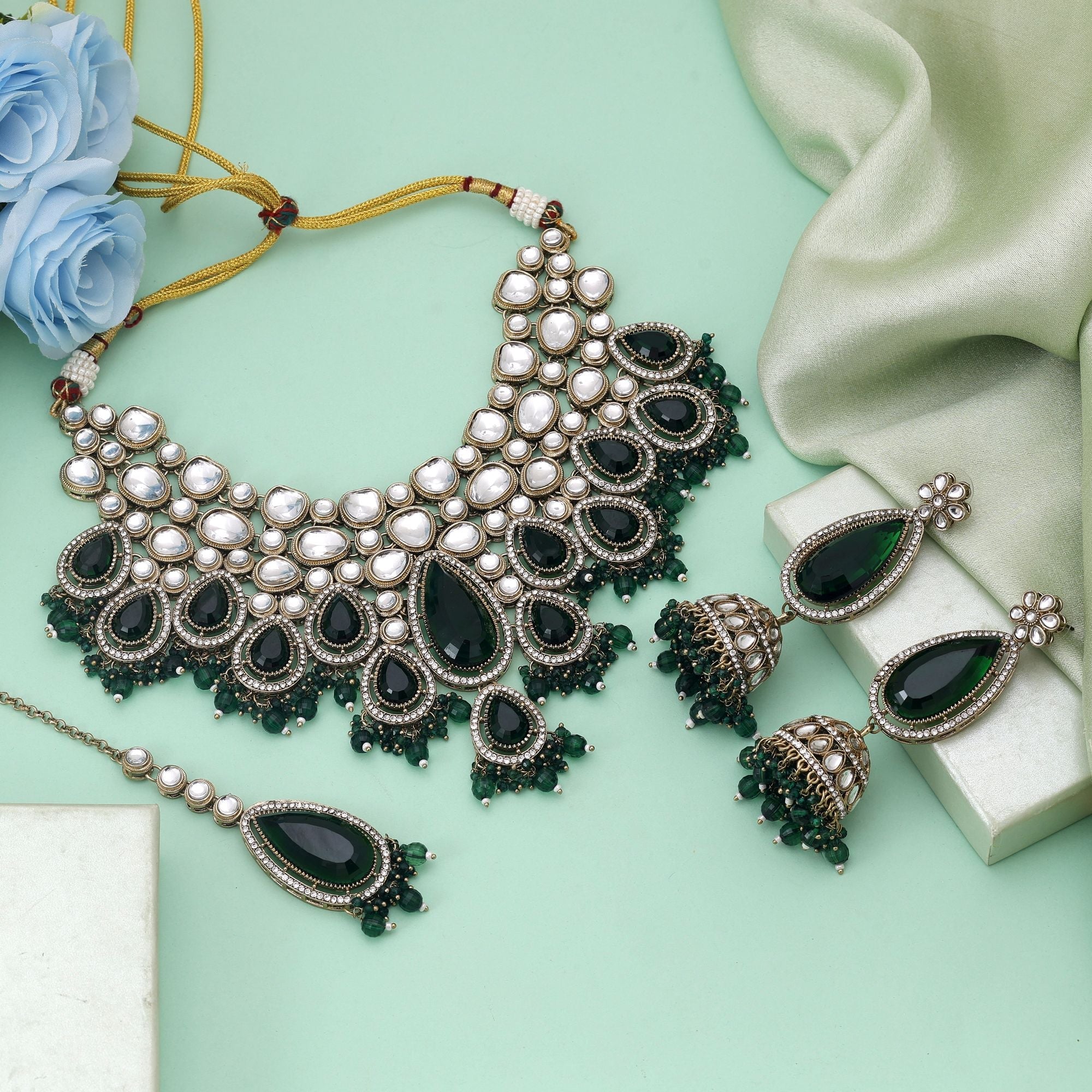 Green Color Kundan Necklace Set With Traditional Detailing And Festive Charm
