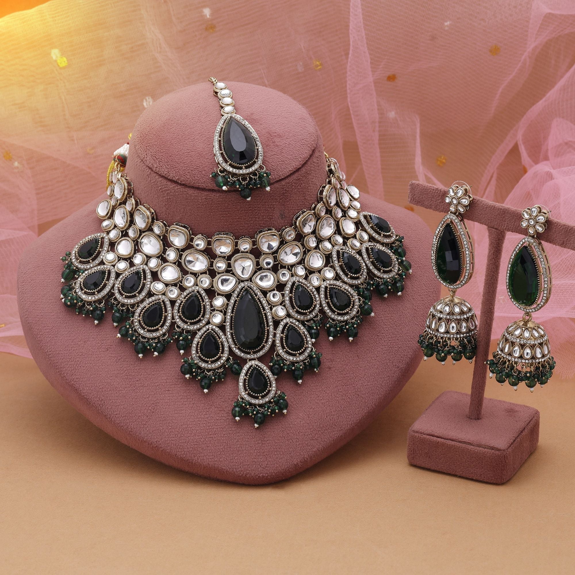 Green Color Kundan Necklace Set With Traditional Detailing And Festive Charm