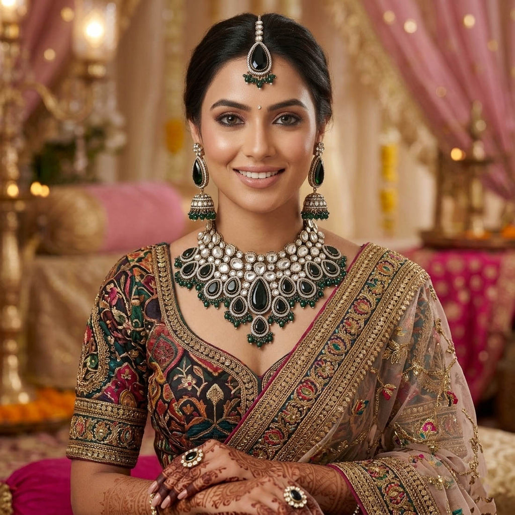 Green Color Kundan Necklace Set With Traditional Detailing And Festive Charm