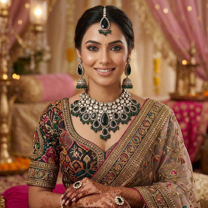 Green Color Kundan Necklace Set With Traditional Detailing And Festive Charm
