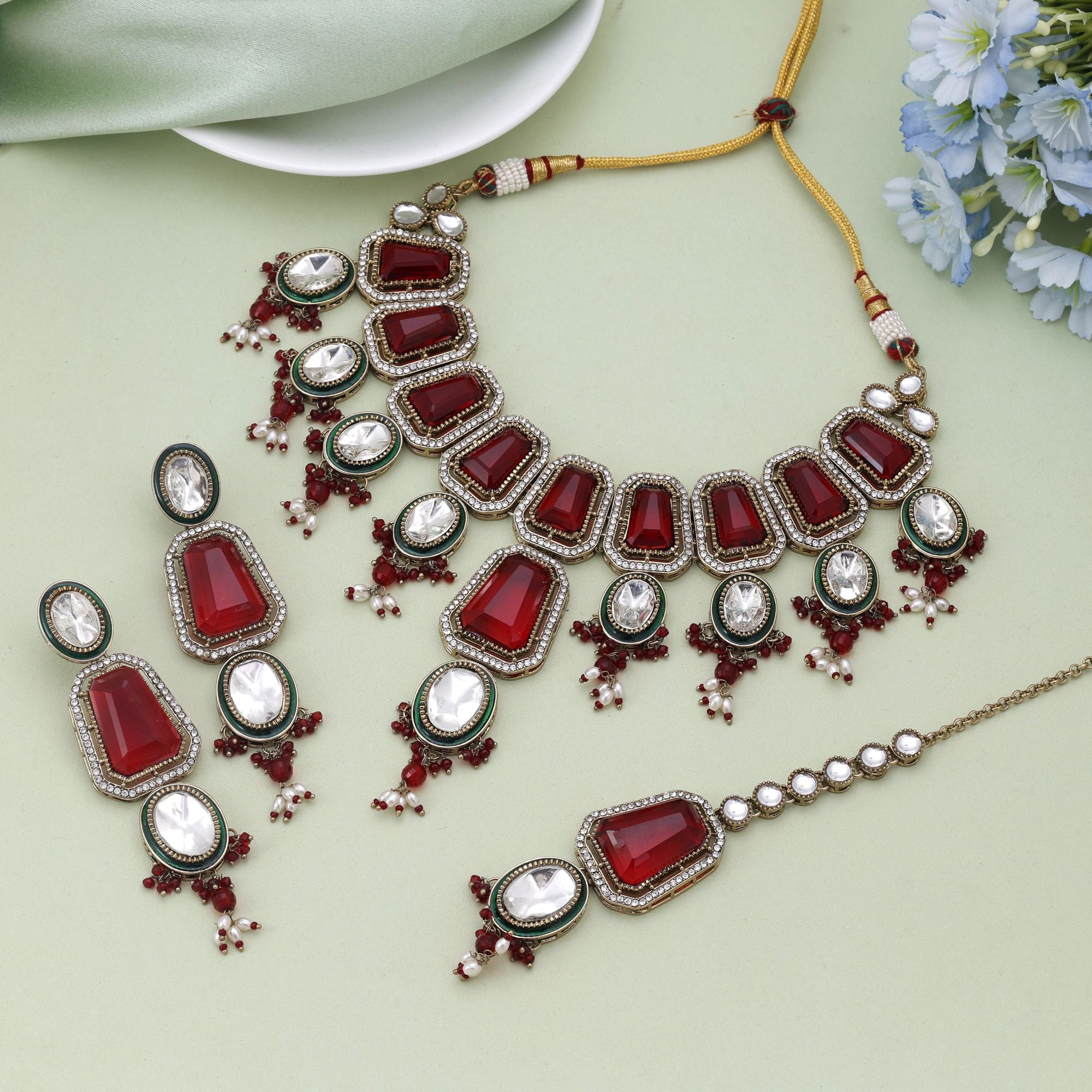 Maroon Color Kundan Necklace Set With Classic Indian Festive Design