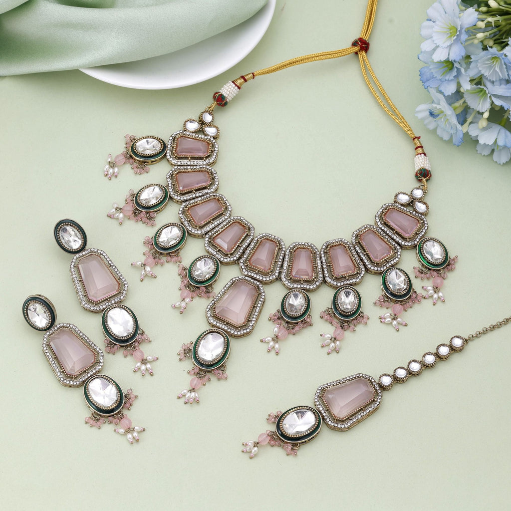 Pink Color Kundan Necklace Set Designed For Wedding And Festive Wear