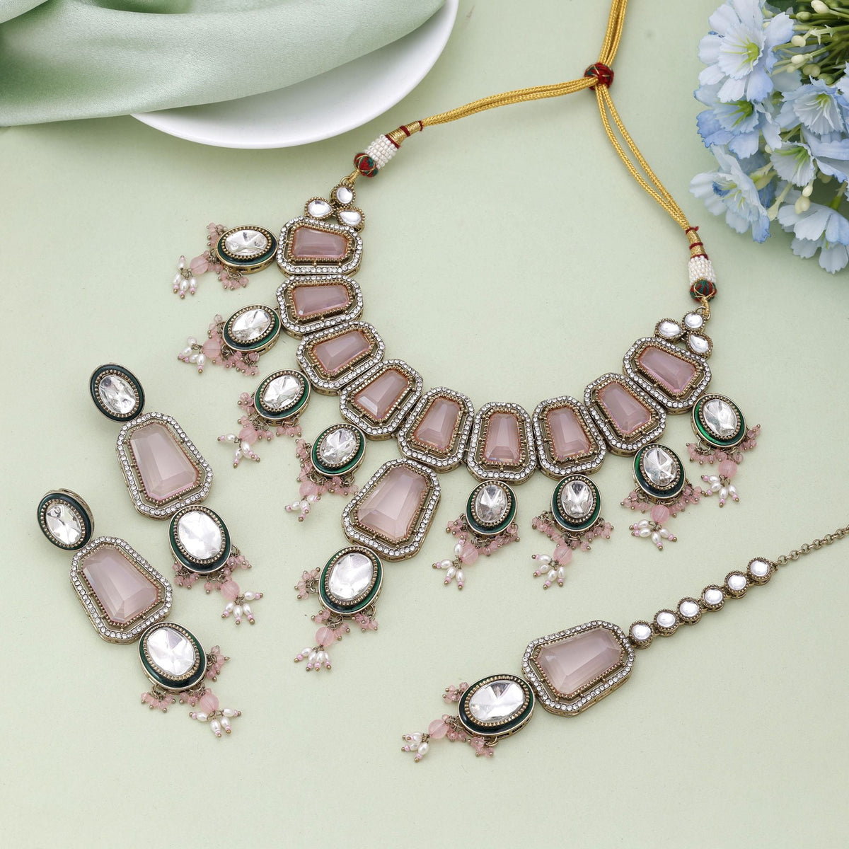 Pink Color Kundan Necklace Set Designed For Wedding And Festive Wear