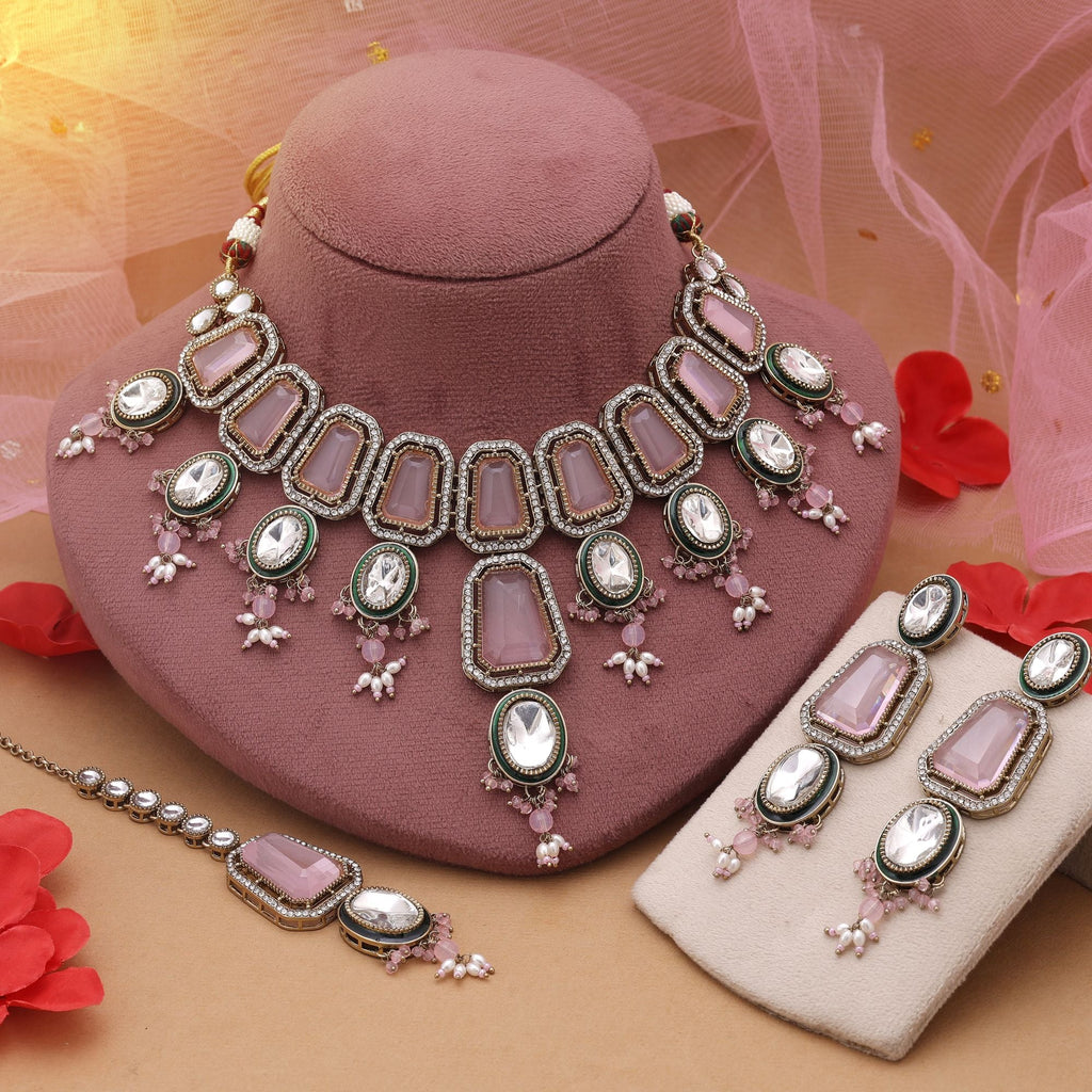 Pink Color Kundan Necklace Set Designed For Wedding And Festive Wear